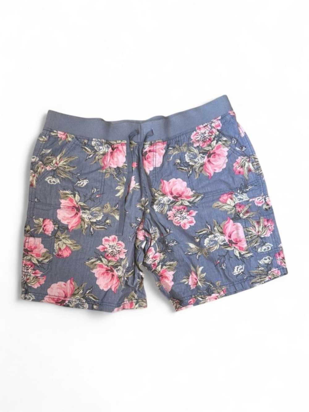 Faded Glory Blue Floral Linen-Blend Shorts with Pink Roses